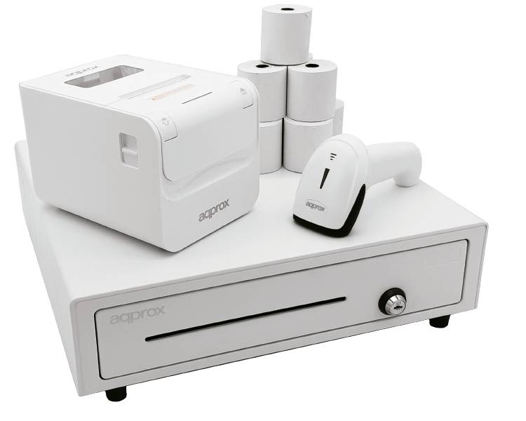 PACK CAJON CASH01410WH + APPPOS80AMUSEWH + APPLS04WH + PAPEL TERMICO APPROX
