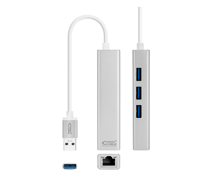 CONVERSOR USB 3.0 A ETHERNET GIGABIT + 3XUSB 3.0 15cm PLATA NANOCABLE