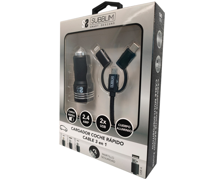 CARGADOR USB COCHE 2xUSB (2.4A) + CABLE 3EN1 NEGRO SUBBLIM