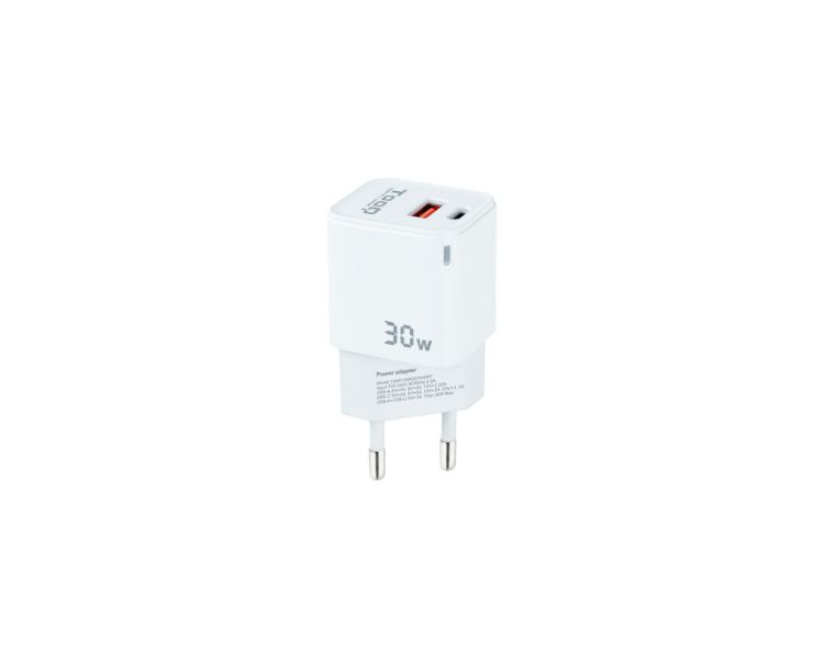 CARGADOR PARED/VIAJE GaN USB-C/PD + USB-A/QC 30W BLANCO TOOQ