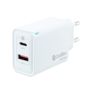 CARGADOR PARED/VIAJE 3.0 GaN USB-C/PD + USB-A 45W BLANCO COOLBOX