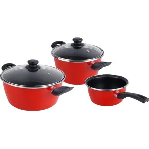 BATERIA COCINA MAGEFESA K2 ROJO CAZO 14 CACEROLA 24 Y OLLA 20 TAPAS CRISTAL ACERO ANTIADHERENTE