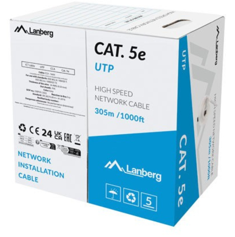 BOBINA CABLE RED LANBERG CAT.5E UTP RJ45 SOLIDO CCA 305M FLUKE PASSED