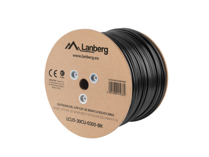 BOBINA CABLE RED LANBERG EXTERIOR UTP RJ45 CAT.5E SOLIDO CU AWG24 305M NEGRO FLU
