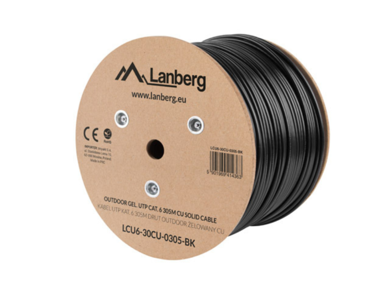 BOBINA CABLE RED LANBERG EXTERIOR UTP RJ45 CAT.6 GEL-FILLED CU AWG24 305M  NEGRO