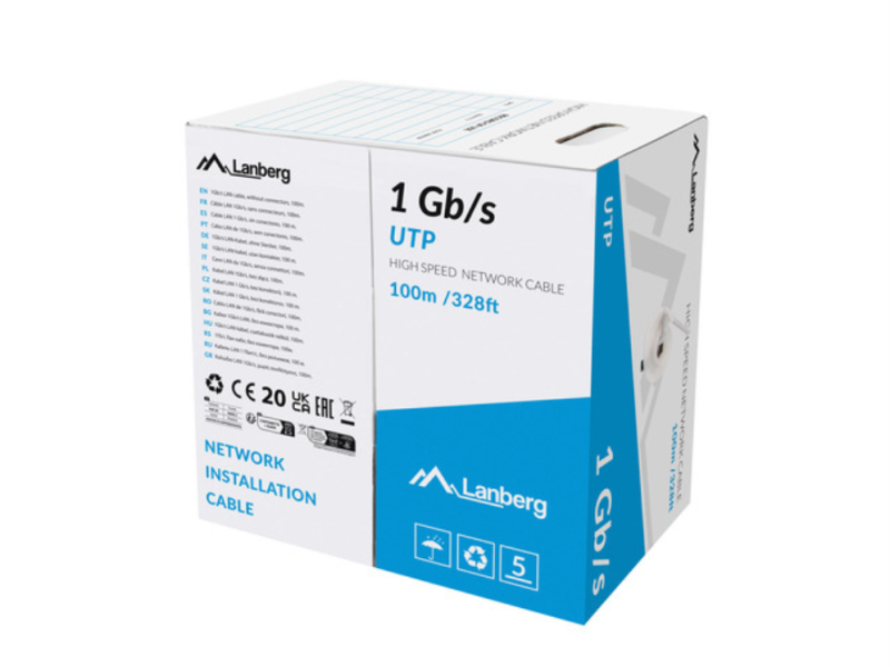 BOBINA CABLE RED LANBERG UTP RJ45 1GB/S SOLIDO CCA AWG23 100M GRIS