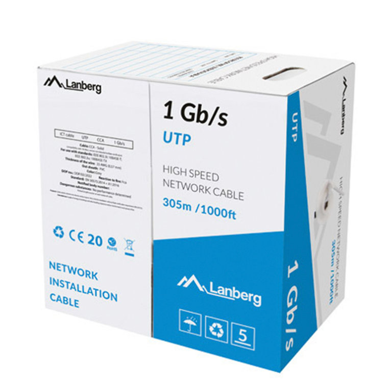 BOBINA CABLE RED LANBERG UTP RJ45 1GB/S SOLIDO CCA AWG23 305M  GRIS