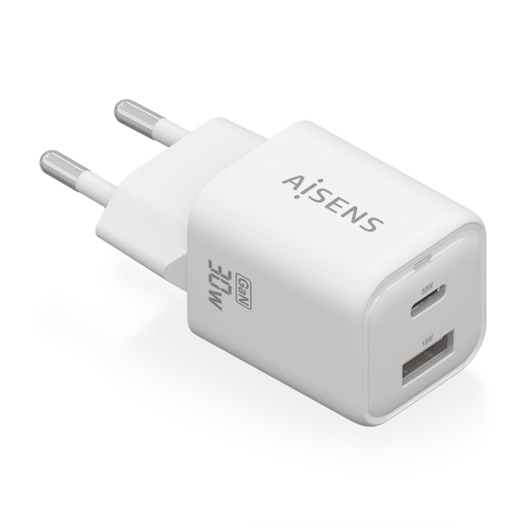 CARGADOR GAN 30W 1xUSB-C PD3.0 QC4.0 1xUSB-A QC3.0 BLANCO AISENS ASCH-30W2P020-W