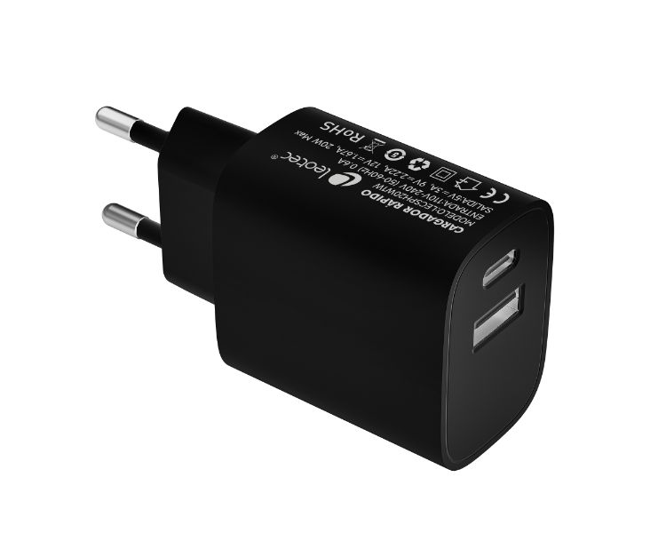 CARGADOR PARED/VIAJE USB-C/PD + USB-A 20W NEGRO LEOTEC