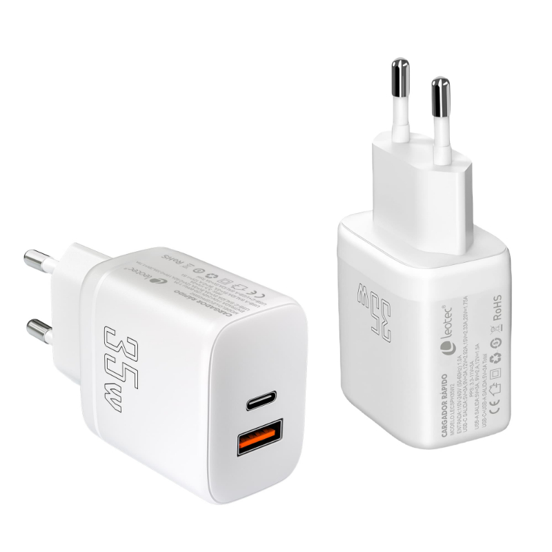 CARGADOR PARED/VIAJE USB-C PD+ 1 USB-A 35W BLANCO LEOTEC