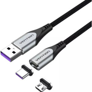 CABLE USB-A MAGNETICO CON ADAPTADOR MICROUSB/M USB-C/M 1.5 M GRIS VENTION