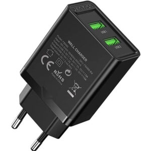 CARGADOR PARED 18W 2xUSB-A 3A NEGRO VENTION